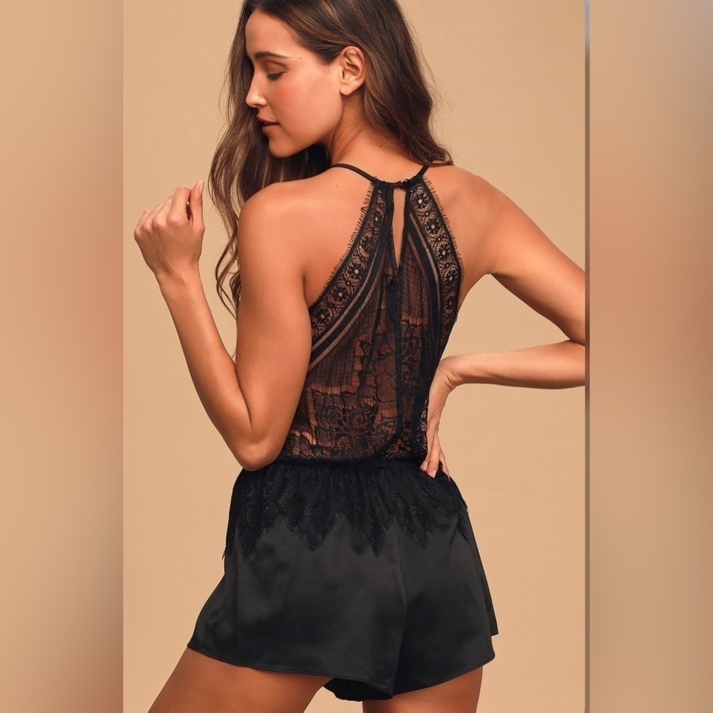 LULU’S Black Satin Lace Sleeveless Lounge Romper NWT in Black SOLD-OUT SZ XS